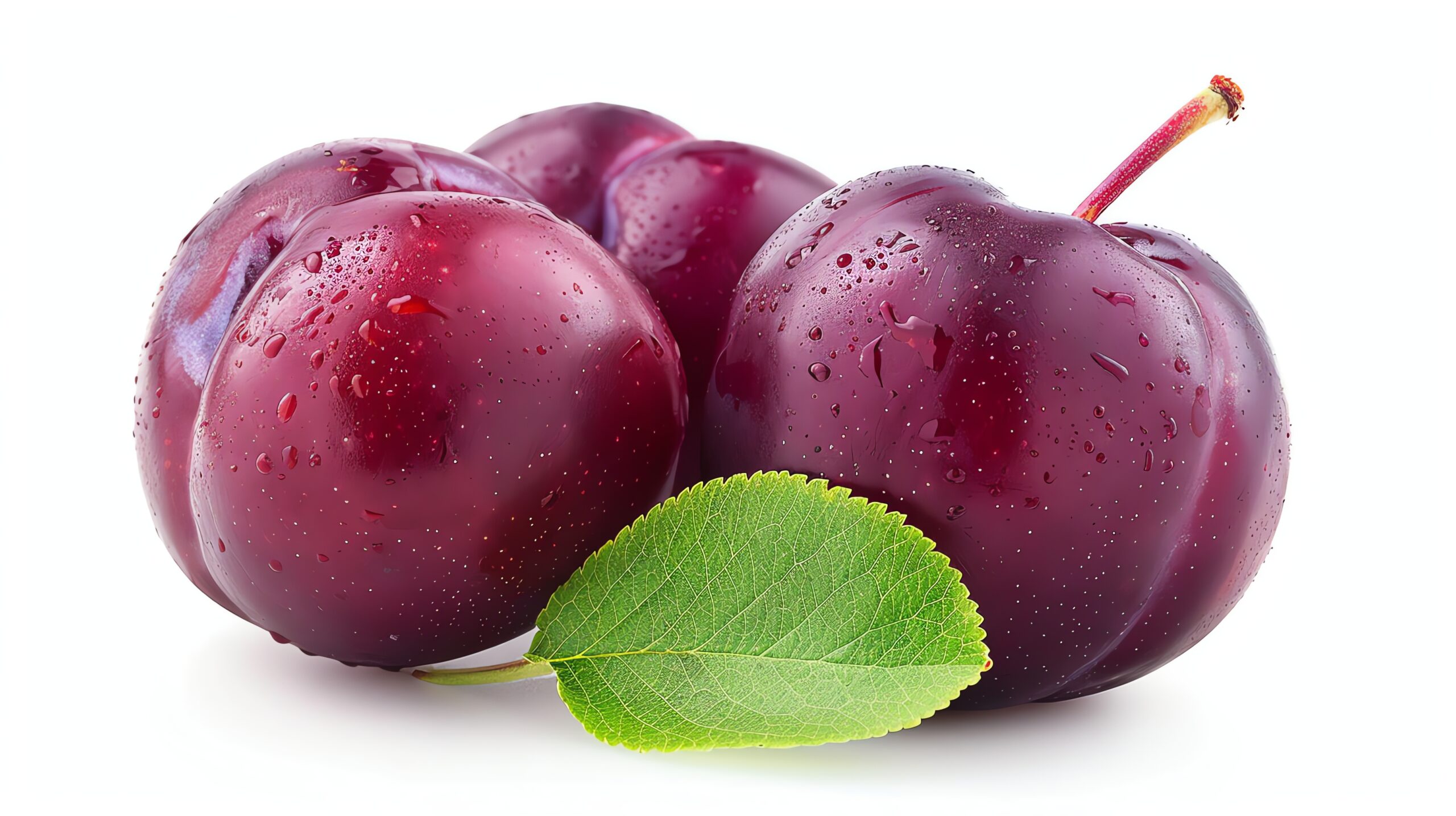 A beautiful close-up image of a trio of ripe plums with a single leaf. The plums are a deep purple color with a smooth, glossy skin.